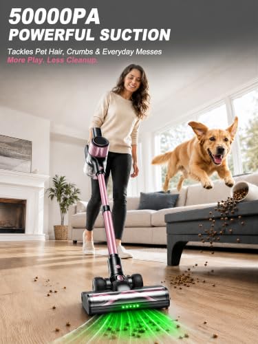 Pink Cordless Vacuum Cleaner, 50KPa Lightweight Stick Vacuum for Home Use