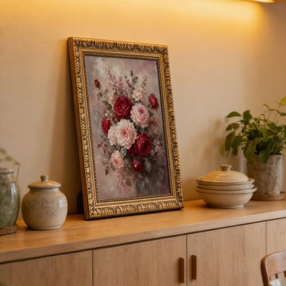 Vintage Gold Frame Canvas Wall Art - Red & Blush Rose Bouquet, 16"x24"