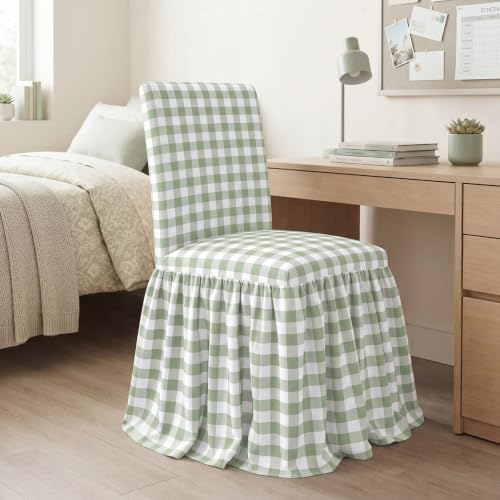 Sage Green Gingham Chair Cover with Ruffle Skirt for Dorm & Kitchen