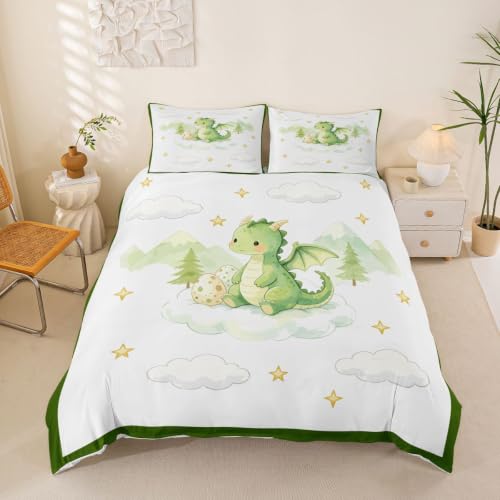 Castle Fairy Cute Dragon Duvet Cover Set Twin Watercolor Kids Bedding with Pillowcase - White Green
