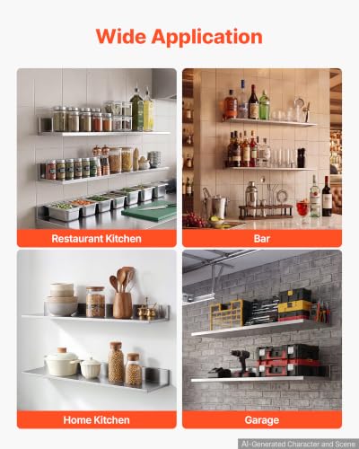 Stainless Steel Wall Mount Floating Shelves 8.6 x 36 Inches 2-Pack Kitchen Storage
