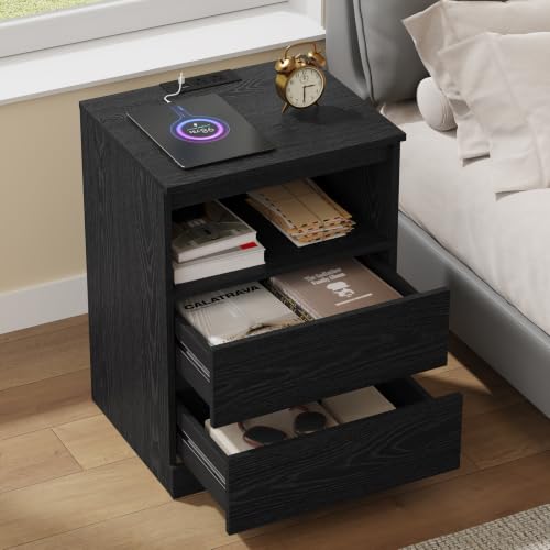 2-Pack Nightstands with Charging Station, LED Lights & 3 Drawers - Black