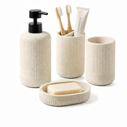 Beige Bathroom Accessory Set 4 Pieces - Toothbrush Holder, Soap Dish, Lotion Bottle, Cup - Resin