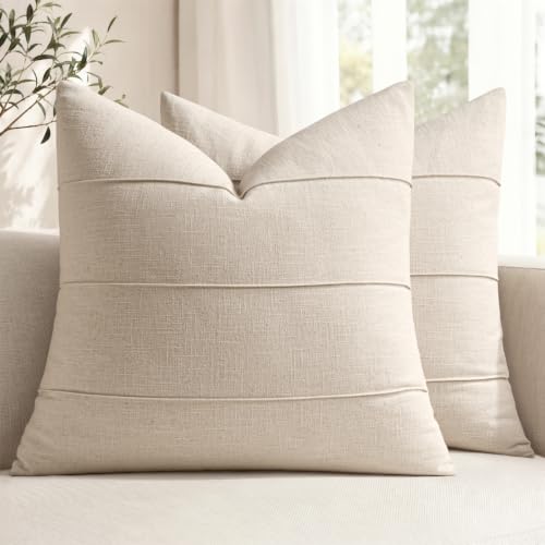 20x20 Linen Throw Pillow Covers Set of 2 Natural Beige Striped Rustic Decor