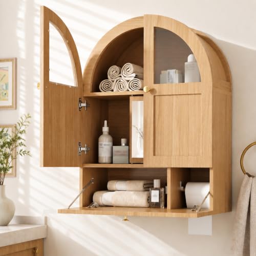 Arched Bathroom Wall Cabinet with Mirror and Toilet Paper Holder