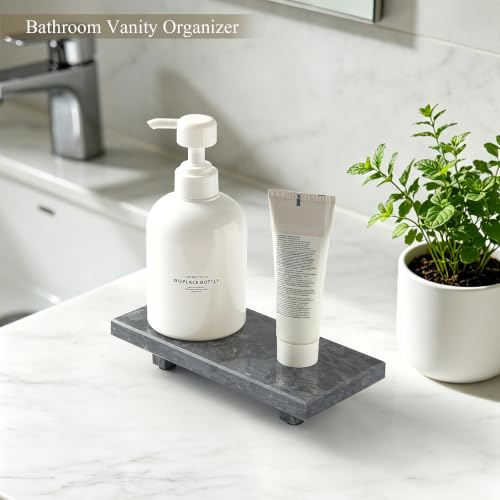 Marble Stone Pedestal Tray Stand for Vanity Bathroom Kitchen Decor - Gray Black, 8.6 x 4 Inches
