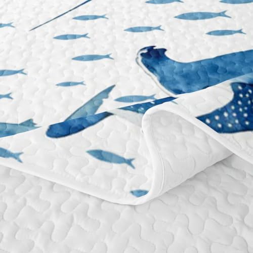 Twin Size Blue Shark and Stingray Quilt Set - Ocean Animal Bedspread for Kids, Blue & White