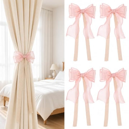 Pink Silky Bow Curtain Tiebacks with Lace - No Tools Needed, Set of 4