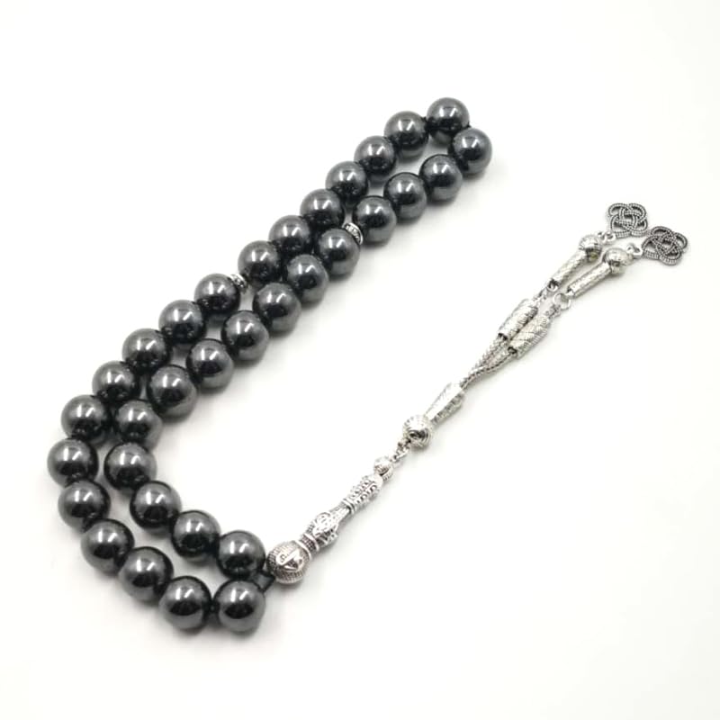 Natural Hematite Stone Tasbih Prayer Beads 33 Count Islamic Jewelry with Metal Tassel 10mm