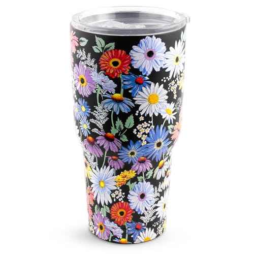 Large Stainless Steel Travel Cup, 28 oz Tumbler with Lid, Double Wall Insulated Tumbler (Daisy Fields Bright)