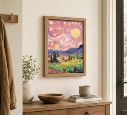 Pink Starry Night Wall Art Canvas - Framed Rural Impressionist Landscape - 10"L x 8"W