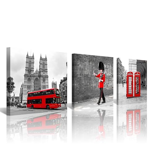 London Theme Canvas Wall Art Set - Black & White Cityscape with Red Buses & Guard Figures, 3 Pieces, 20x20 Inches - Ready to Hang