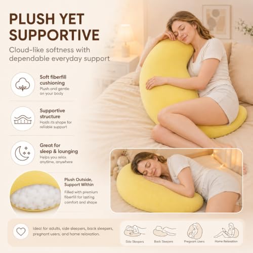 Moon Shaped Body Pillow White Oversized Cooling C-Shaped Support for Side Sleepers