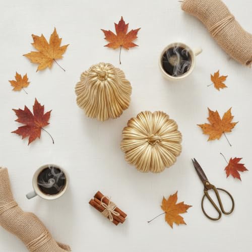 Gold Fall Pumpkin Decor Set - 2 Resin Pumpkins for Thanksgiving & Autumn Styling - Variation Gold-A