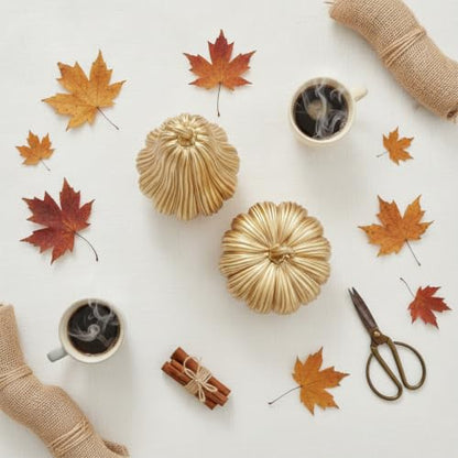 Gold Fall Pumpkin Decor Set - 2 Resin Pumpkins for Thanksgiving & Autumn Styling - Variation Gold-A