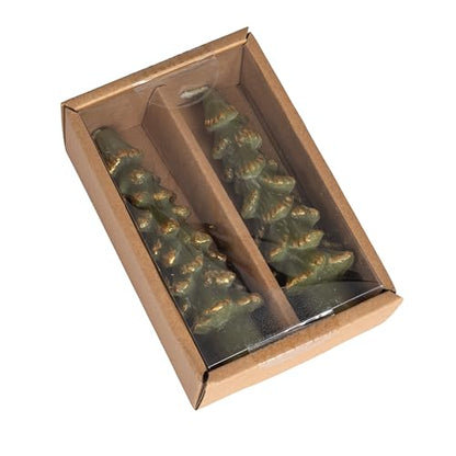 Evergreen Tree Shaped Taper Candles with Gold Tips - Set of 2, 4.75"