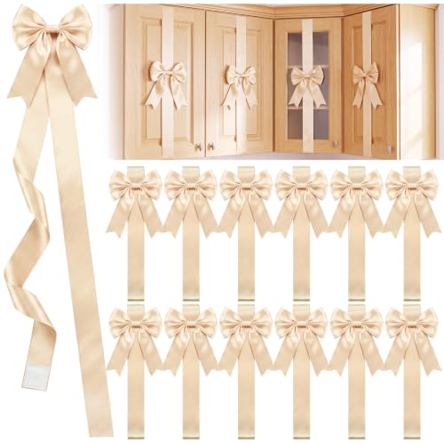 Champagne Christmas Cabinet Bows 12 Pcs Satin Decor for Kitchen & Holiday