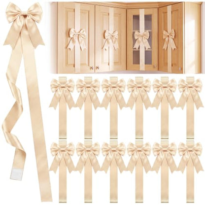 Champagne Christmas Cabinet Bows 12 Pcs Satin Decor for Kitchen & Holiday