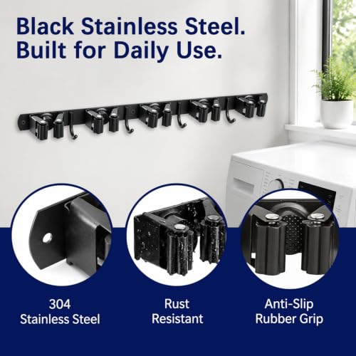 Stainless Steel Wall Mount Broom and Mop Holder with Hooks