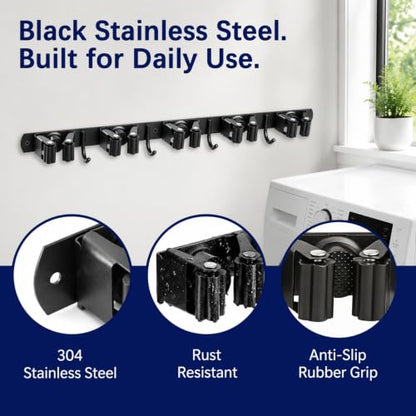 Stainless Steel Wall Mount Broom and Mop Holder with Hooks