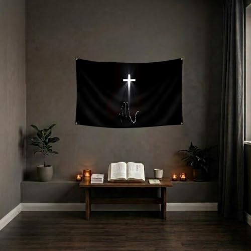 Christian Cross & Praying Hand Tapestry Wall Banner - 3x5 ft Religious Decor