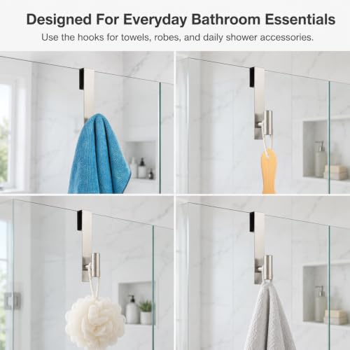 Silver Stainless Steel Shower Door Hooks 2 Pack - Rustproof Bathroom Towel Hangers