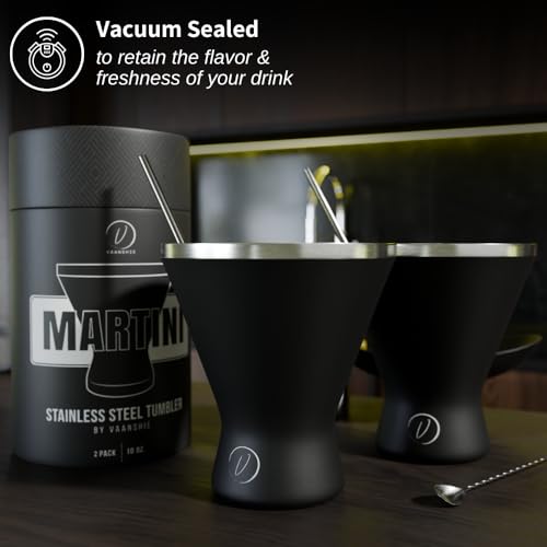 10oz Stainless Steel Martini Glass Set of 2 - Black, Vacuum Insulated, Unbreakable Cocktail Glasses for Home & Bar