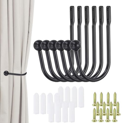 uxcell Black Curtain Holdbacks 6 PCS Wall Mounted Metal Drapery Hooks