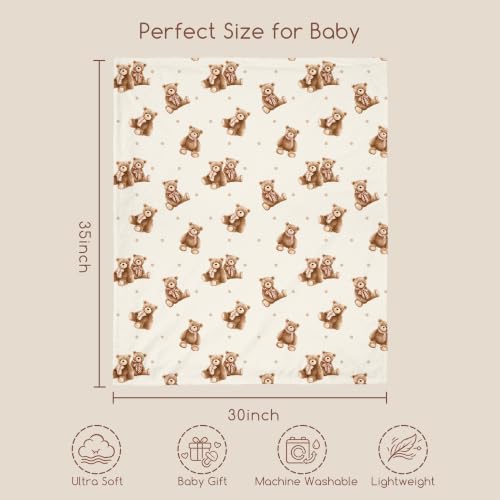 Fleece Baby Blanket 30x35 Inches - Tan Bear Plush Reversible Crib Cover for Boys & Girls