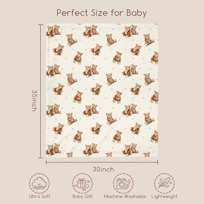 Fleece Baby Blanket 30x35 Inches - Tan Bear Plush Reversible Crib Cover for Boys & Girls