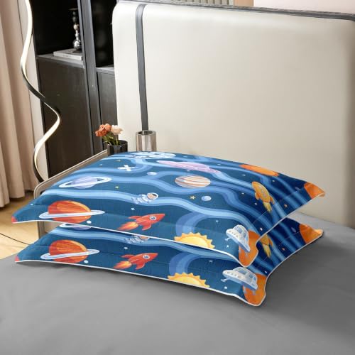 Space Planet Rocket Twin Cotton Duvet Cover Set - Blue Variation