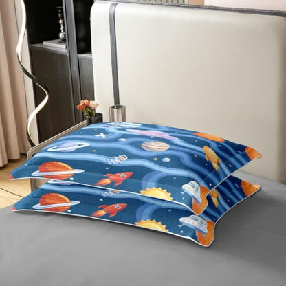 Space Planet Rocket Twin Cotton Duvet Cover Set - Blue Variation