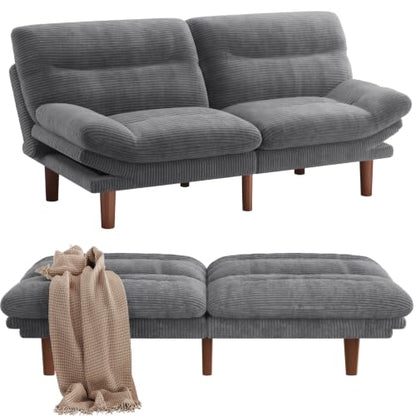 Convertible Futon Sofa Bed - Corduroy, 66 Inch, Warm Grey - Space Saving