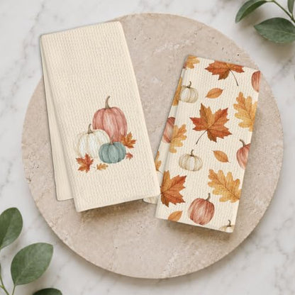 Fall Pumpkin Kitchen Towels Set of 2 - Autumn Leaves Thanksgiving Dish Towels