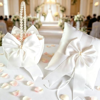 Wedding Flower Girl Basket & Ring Bearer Pillow Set Handcrafted Pearl Decor