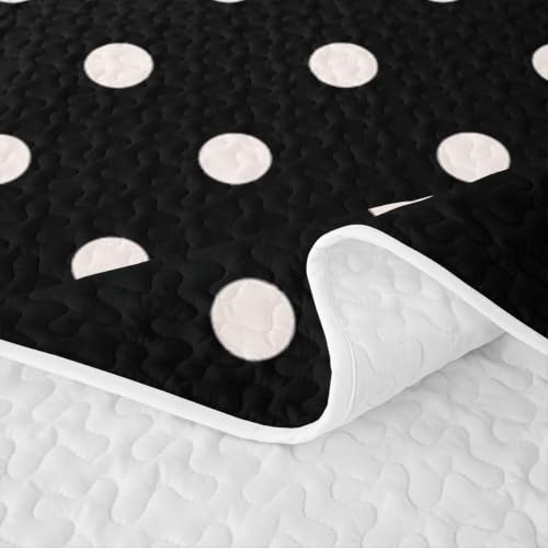 King Size Black White Polka Dot Quilt Set 3 Pieces Bedding with Pillowcases - Retro Geometric All Season Comfort