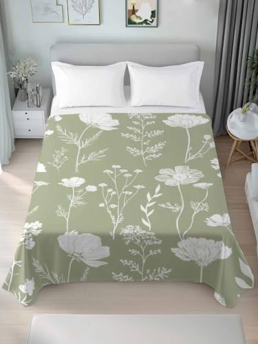 King Flat Sheet - Sage Green Hotel Quality Microfiber Bedding - Abstract Flowers, Breathable & Soft