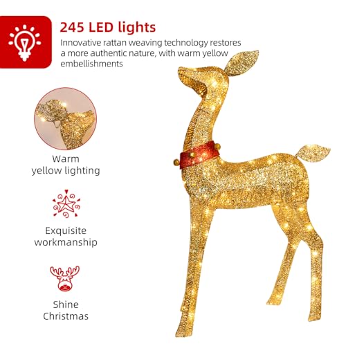 Outdoor Reindeer Family Christmas Decorations Set with 245 LED Lights - Gold
