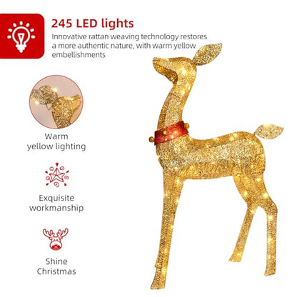 Outdoor Reindeer Family Christmas Decorations Set with 245 LED Lights - Gold