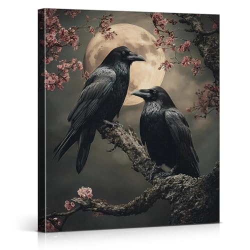 Gothic Raven Moon Canvas Wall Art - Dark Crow Nature Decor - Variation of Raven-01