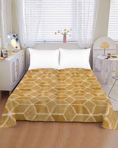 Queen Size Flat Sheet Only - Retro Brown Geometric Rhombus Bed Topper, Soft Microfiber Breathable Bedding, Hotel Luxury Style, Variation: Gold, Honey, Amber, Tan