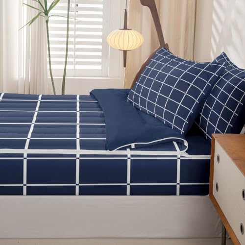 Dark Blue Twin Zipper Bedding Set with Comforter & Fitted Sheet - Geometric Checkered Design