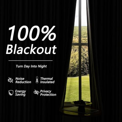 Blackout Linen Curtains 52W x 84L Green Striped 2 Panels - Thermal Insulated