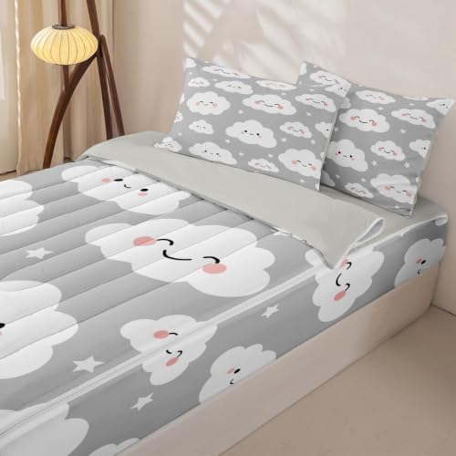 Twin Size Cloud Zipper Bedding Set with Comforter Fitted Sheet & Pillowcases - Grey Star Clouds Sky