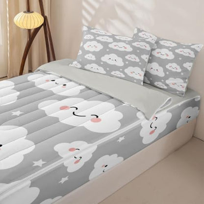 Twin Size Cloud Zipper Bedding Set with Comforter Fitted Sheet & Pillowcases - Grey Star Clouds Sky