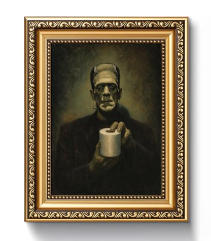 Halloween Vintage Gold Frame Wall Art - Frankenstein Holding Toilet Paper Variation
