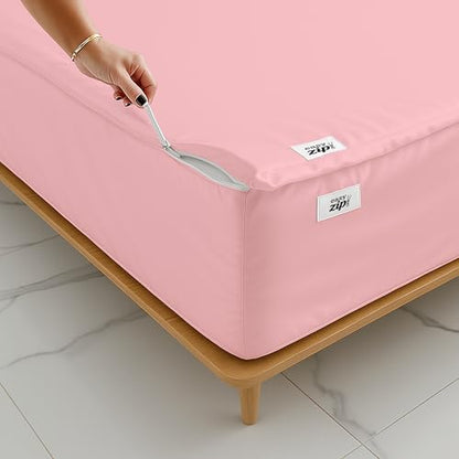 Twin Zipper Fitted Sheet 39x75 Inch with Deep Pockets - Baby Pink, Easy Change Cotton Blend Bedding