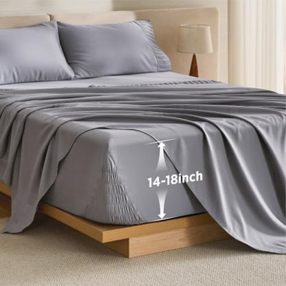 Bedsure Deep Pocket King Sheets - Non Slip Fit for Up to 18" Mattresses, Grey