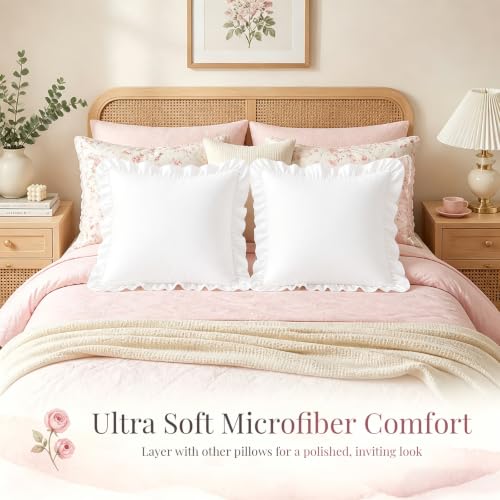 White Ruffle Euro Sham Covers 26x26 Set of 2 - Microfiber Decorative Pillowcases
