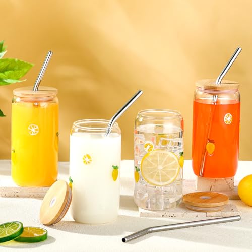 Lemon Icon Glass Tumblers Set with Lids & Straws - 4 Pack, 17 oz